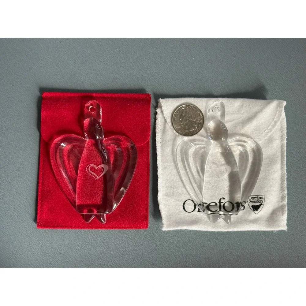 Orrefors Sweden Vintage Crystal Angel Of Love Pair Of Christmas Ornaments 2004